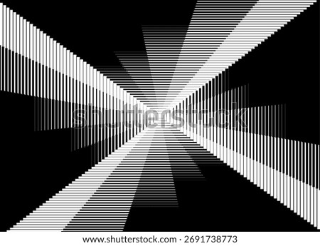 Modern Black and White Striped Vector Background for Covers, Advertising, Ads, Packaging. Pattern of Broken Lines and Geometric Shapes. Abstract Swirling Rays. Laser