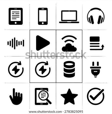 Modern black and white technology and media action icons for digital apps and websites user interface design
