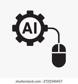 Ícone vetorial preto e branco moderno mostrando a tecnologia de inteligência artificial (AI) com um mouse de computador e símbolo de engrenagem. Representa conceitos de aprendizagem automática, automação, robótica, ciência de dados e inovação digital. Ideal para apresentações técnicas, sites, aplicativos, interfaces de software ou infográficos relacionados a IA, automação e tecnologia de computador.