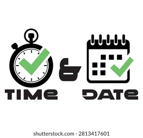A modern black and white vector icon set featuring a stopwatch and calendar with green check marks, symbolizing completed tasks, verified schedules, confirmed appointments, and effective time management. Perfect for productivity apps, project management software, booking systems, business dashboards, websites, mobile applications, UI-UX interfaces, presentations, and digital branding. These clean, scalable icons are ideal for professional and commercial design projects.

#Time #Date #Stopwatch #Calendar #Checkmark #Schedule #TaskManagement #Productivity #Planner #Reminder #Appointment #Business #Vector #IconSet #Minimalist #UI #UX #DigitalDesign #Workflow #Illustration