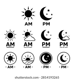 Modern black and white vector icon collection featuring AM and PM symbols with sun and moon illustrations. Minimal flat silhouette icons perfect for user interface design, mobile applications, websites, scheduling, business, presentations, infographics, and print.