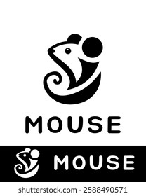 A modern black and white vector illustration of a stylized mouse logo, featuring a sleek and minimalistic, abstract design