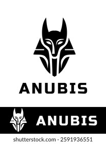 A modern black and white vector illustration of Anubis, the ancient Egyptian god of the afterlife, designed in a sleek and minimalist style