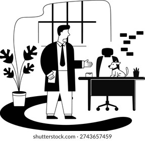 Modern Black and White Vector Illustration of a Businessman Standing in an Office with a Small Dog on the Desk