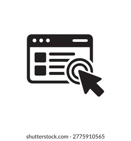   
A modern black and white vector illustration of a web browser window with a bold cursor clicking on a circular target. The design highlights digital interaction, online navigation, and user engagement. Featuring structured webpage elements such as content blocks and text lines, this minimalist icon is perfect for concepts related to web design .