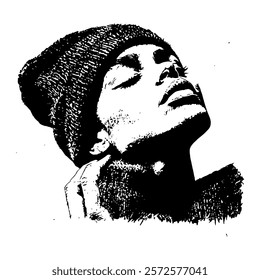 modern black and white vector portrait of a person in a beanie, showcasing smooth shading and bold contrasts for a contemporary and expressive urban style