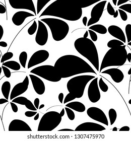 Modern black and white vector seamless pattern, black lupine leaves sillhouettes on white background. 
