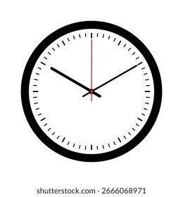 Modern black and white wall clock showing 10:10 time, minimalist design, isolated on white background, ideal for time or decor concepts.
