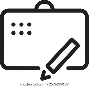 A modern black whiteboard icon on a white background. It features a rectangular board with a marker resting at the bottom edge, showcasing a clean, minimal design ideal for learning or brainstorming t