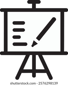 A modern black whiteboard icon on a white background. It features a rectangular board with a marker resting at the bottom edge, showcasing a clean, minimal design ideal for learning or brainstorming t