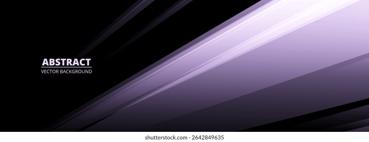 Modern black wide abstract banner with purple shades color diagonal shapes. Dark geometric background. Vector illustration
