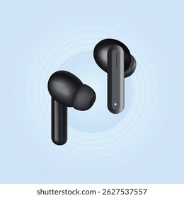 Modern Black Wireless Earbuds Isolated on Blue Background, Realistic Vector Illustration, 3d Render of tws isolated, wireless earphones, Wireless Stereo, Modern Black Wireless Earbuds with Charging.
