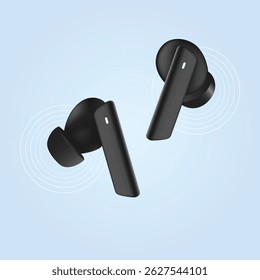 Modern Black Wireless Earbuds Isolated on Blue Background, Realistic Vector Illustration, 3d Render of tws isolated, wireless earphones, Wireless Stereo, Modern Black Wireless Earbuds with Charging.