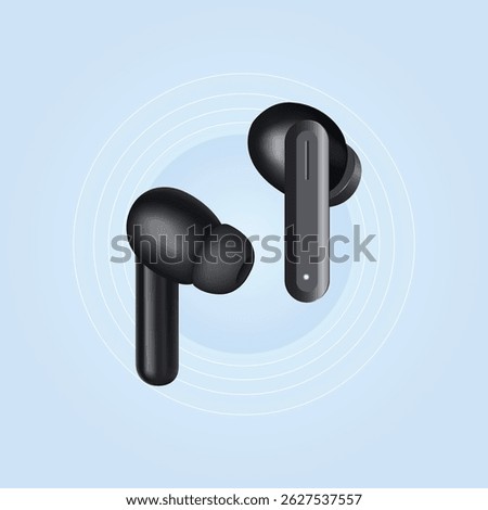 Modern Black Wireless Earbuds Isolated on Blue Background, Realistic Vector Illustration, 3d Render of tws isolated, wireless earphones, Wireless Stereo, Modern Black Wireless Earbuds with Charging.