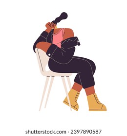 Modern black woman sitting, leaning on chair back. Young girl posing in seated position. Fashion female character in trendy clothes, apparel. Flat vector illustration isolated on white background