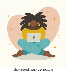 Modern black woman sitting on the floor with laptop. Cute young girl freelancer, blogger, programmer, online learning, education. Concept of remote work from home. Flat cartoon style, vector 