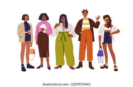 Mujeres negras modernas, retrato grupal. Felices personajes afroamericanas vestidas de moda, de pie juntos en fila. Comunidad de niñas. Ilustración vectorial plana aislada en fondo blanco