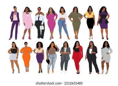 Modern black women set. African American girls standing in fashion casual and office outfits. Stylish happy young characters portraits in trendy clothes. Flat vector realistic illustrations isolated.