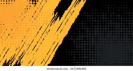 modern black and yellow abstract background with brushstroke and halftone style. vector background