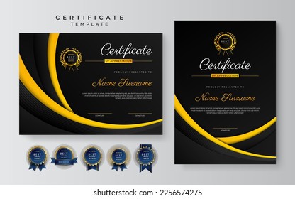 Modern black and yellow certificate of achievement award template with badge and border for business and corporate