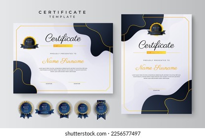 Modern black and yellow certificate of achievement award template with badge and border for business and corporate