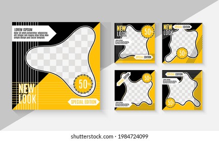 Modern black and yellow social media template with organic shape abstract blob shaped photo frames along with bold text “New Look” and “Special Edition”, as well as sale highlights “50% off”.