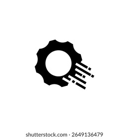 A modern black-and-white icon featuring a gear (cogwheel) with pixelated or streaked lines extending outward, symbolizing speed, automation, and digital transformation. This minimalist tech icon is pe
