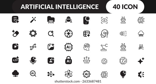 Moderno conjunto de íconos de Vector en blanco y negro con 40 símbolos limpios y minimalistas relacionados con la inteligencia artificial, el aprendizaje automático, la robótica, la automatización, la ciencia de datos, las redes neuronales,