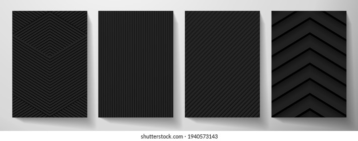 Modern blank black background design set. Creative dynamic line pattern (geometric stripe ornament) in monochrome. Abstract graphic vector background for cover notebook,vertical business page template