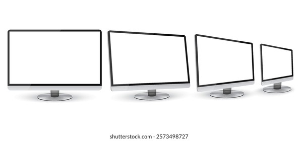 Modern blank computer monitor screen mockup, front view, side view. Screen display from different sides.