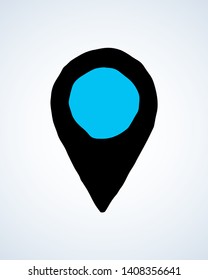 Modern blank distant flat arrow cursor shape on white paper backdrop. Black hand drawn business computer trip find way plan app ui emblem index design concept in art cartoon vector style on text space