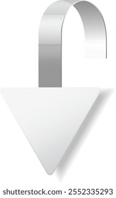 Modern, blank white triangular wobbler with a metallic clip hangs elegantly against a clean backdrop, perfect for personalized messages or ads in retail