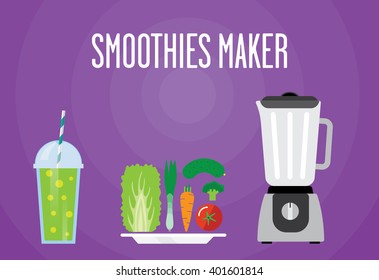 Modern blender and all of needed ingredients for the vegetable smoothie: lettuce, salad, tomato, broccoli, carrot, cucumber. Smoothie is a cool breakfast in summer because it's fresh and very healthy.