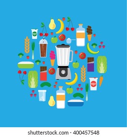 Modern blender and the ingredients for a smoothie. The circular composition. The background is blue.