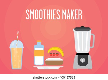 Modern blender with milk smoothie. Contains milk, strawberries, banana, cottage cheese. Milk all smoothies for a healthy Breakfast.