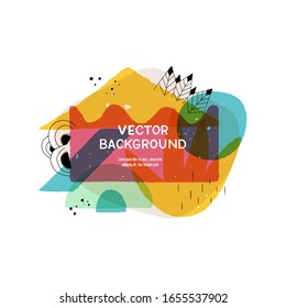 Modern blobs and overlapping geometric and natural shapes layout with hand drawn elements. Geometrical paint splashes in abstract banner with copy space. 