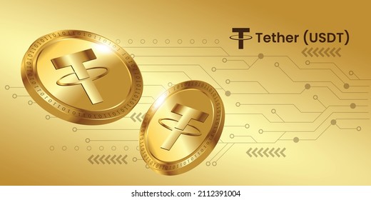 Vector de logotipo Tether USDT basado en la criptodivisa de la cadena de bloques moderna. Diseño de moneda de oro en fondo tecnológico y plantilla de banner.