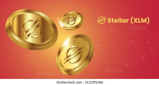 Vector de logotipo Stellar XLM basado en criptodivisa de cadena de bloques moderna. Diseño de moneda de oro en fondo tecnológico y plantilla de banner.