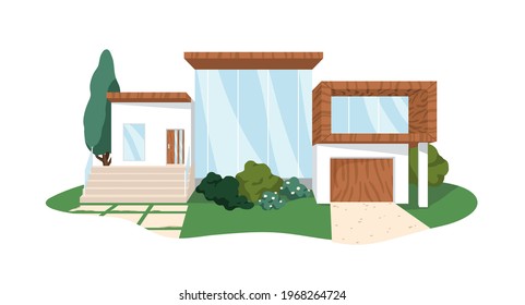 Modern block house architecture from wood and glass. Villa building exterior. Front view of private home with door and windows. Colored flat graphic vector illustration isolated on white background