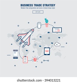 Modern block line flat business trade strategy with  information and mobile technologies graph icons and computers industry