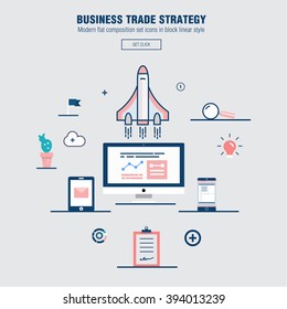 Modern block line flat business trade strategy with  information and mobile technologies graph icons and computers industry