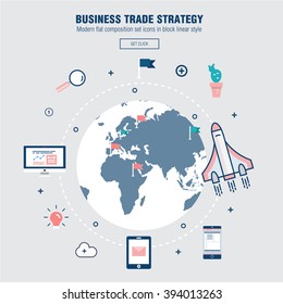 Modern block line flat business trade strategy with  information and mobile technologies graph icons and computers industry
