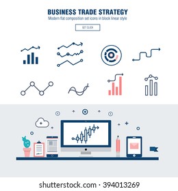 Modern block line flat business trade strategy with  information and mobile technologies graph icons and computers industry