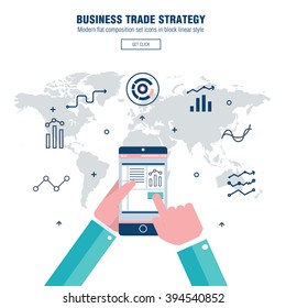 Modern block line flat business trade strategy with  information and mobile technologies graph icons and computers industry