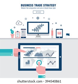 Modern block line flat business trade strategy with  information and mobile technologies graph icons and computers industry
