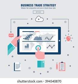 Modern block line flat business trade strategy with  information and mobile technologies graph icons and computers industry