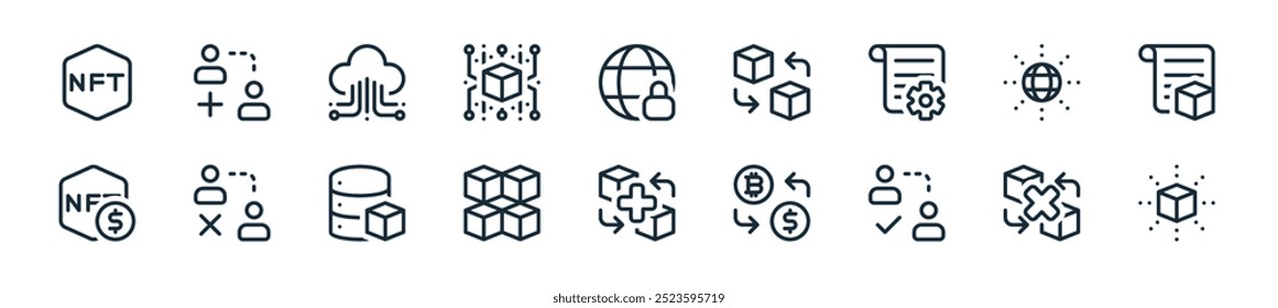 moderno blockchain icon pack. perfeito para projetos de interface de usuário linear com cubo vetor, cubo, usuários, transação, cubo, cubos pilha, banco de dados e mais ícones para aplicativos móveis e web.