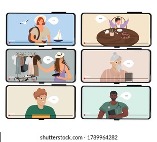 Modern blogs. Set of vector smartphones with video channels about travel, fashion, books, health and daily life. Storytelling and vlogging. Nice vector flat illustration in cartoon style.