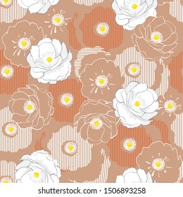 Modern Blooming flower botanic silhouette and line with stripe floral seamless pattern vector on vintage light beige color background, delicate mood ,design for fashion,fabric and all prints 