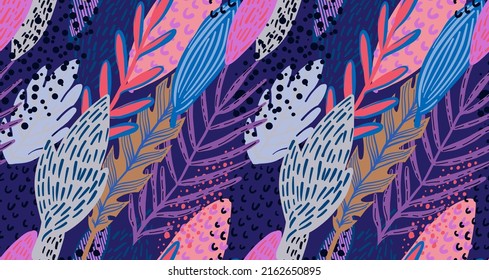 Modern blossom and foliage decor, leaves and branches, twigs and leafage. Tropical and exotic ornaments set. Background or print for fabric or wallpaper, seamless pattern. Vector in flat style